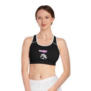 Vanity Driven Brand Sports Bra — Feminine Black Activewear with Vanity Logo