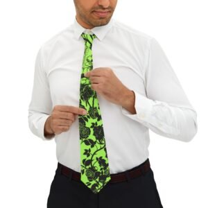 Vibrant Neon Green & Black Flowery Tie, Black Flower Neckwear, Floral Print Mens Accessory, Stylish Wedding Formal Necktie